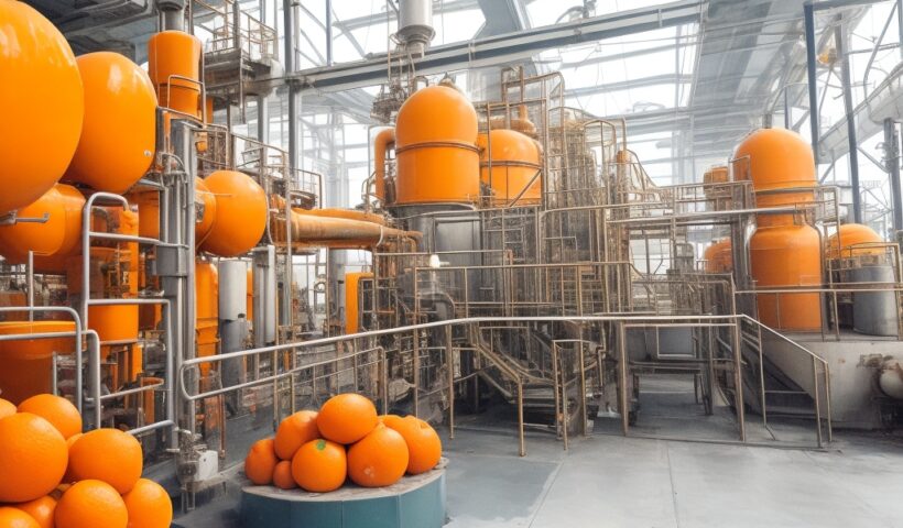 DreamShaper_v7_Orange_Oil_Manufacturing_Plant_1