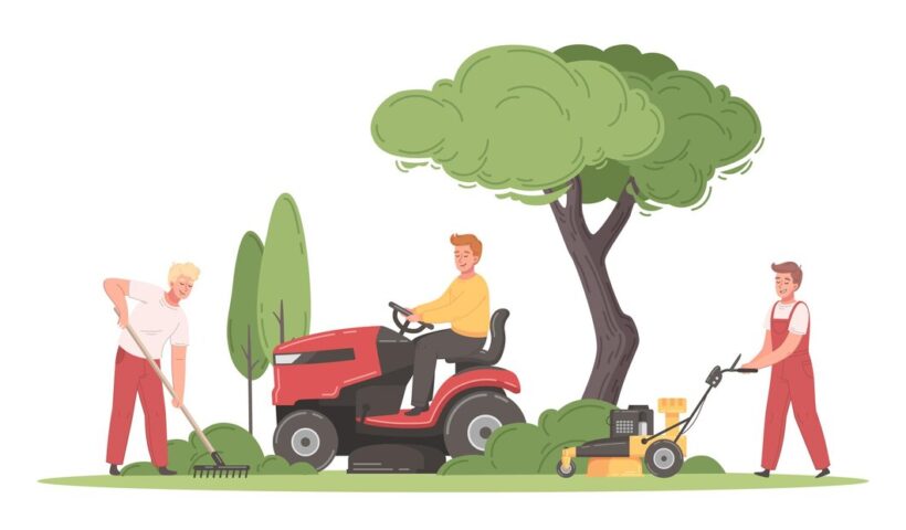 lawn-mowing-cartoon-with-male-workers-cutting-grass-using-different-machines-vector-illustration_1284-80127